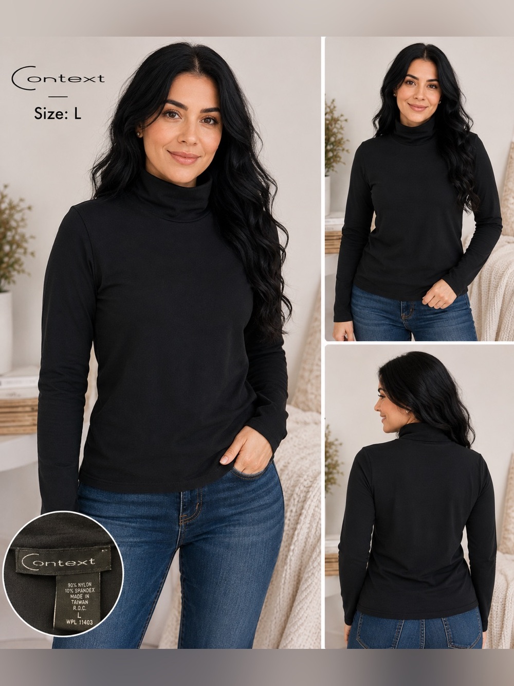Context Women’s Black Thick Stretch Turtleneck Long Sleeve Top L Cottagecore/L